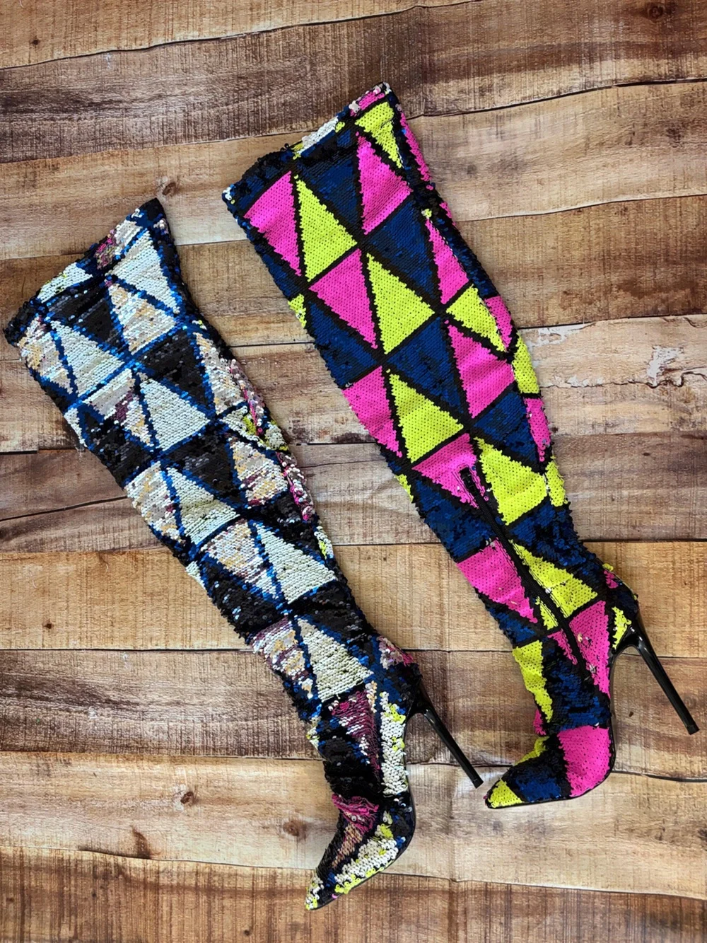 Over-The-Knee Sequin Geometric Stiletto Boots in Neon Multi / Color Changing